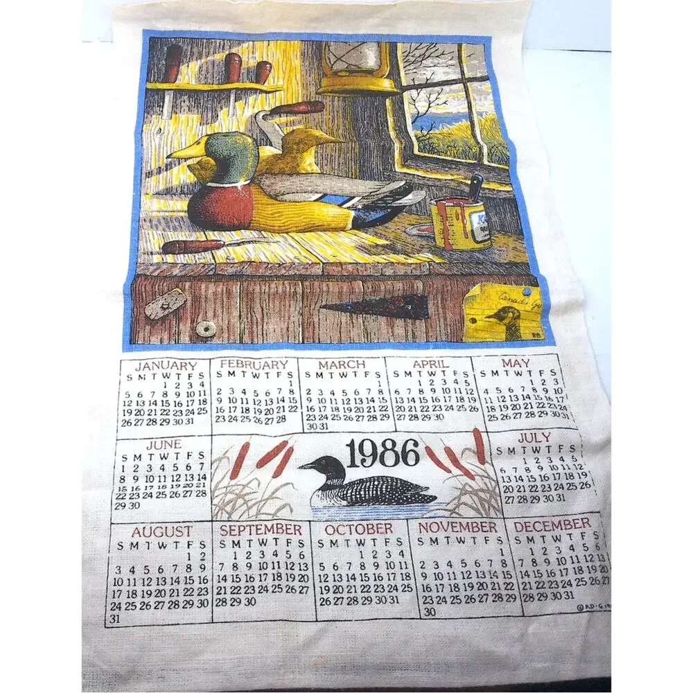 Vintage 1986 Wood Duck Mallard Linen Calendar Tea Towel Country Cottagecore